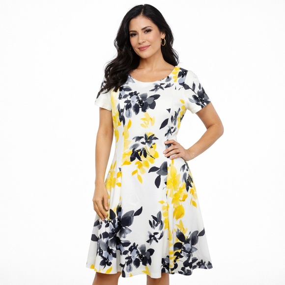 Eliza J White Yellow Black Floral Fit & Flare Midi Dress Size 10 - Picture 2 of 9